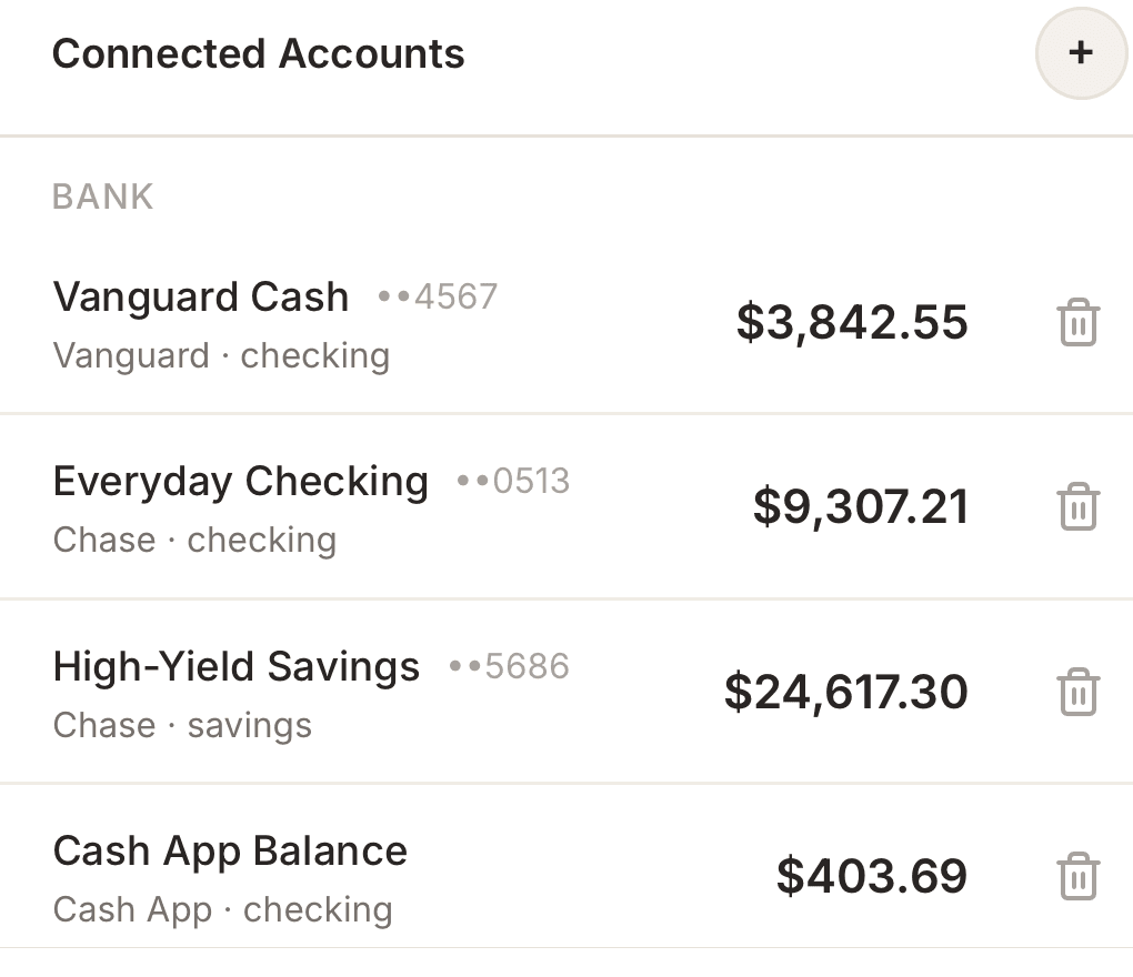Connected accounts list showing checking, savings, and brokerage balances across multiple institutions.