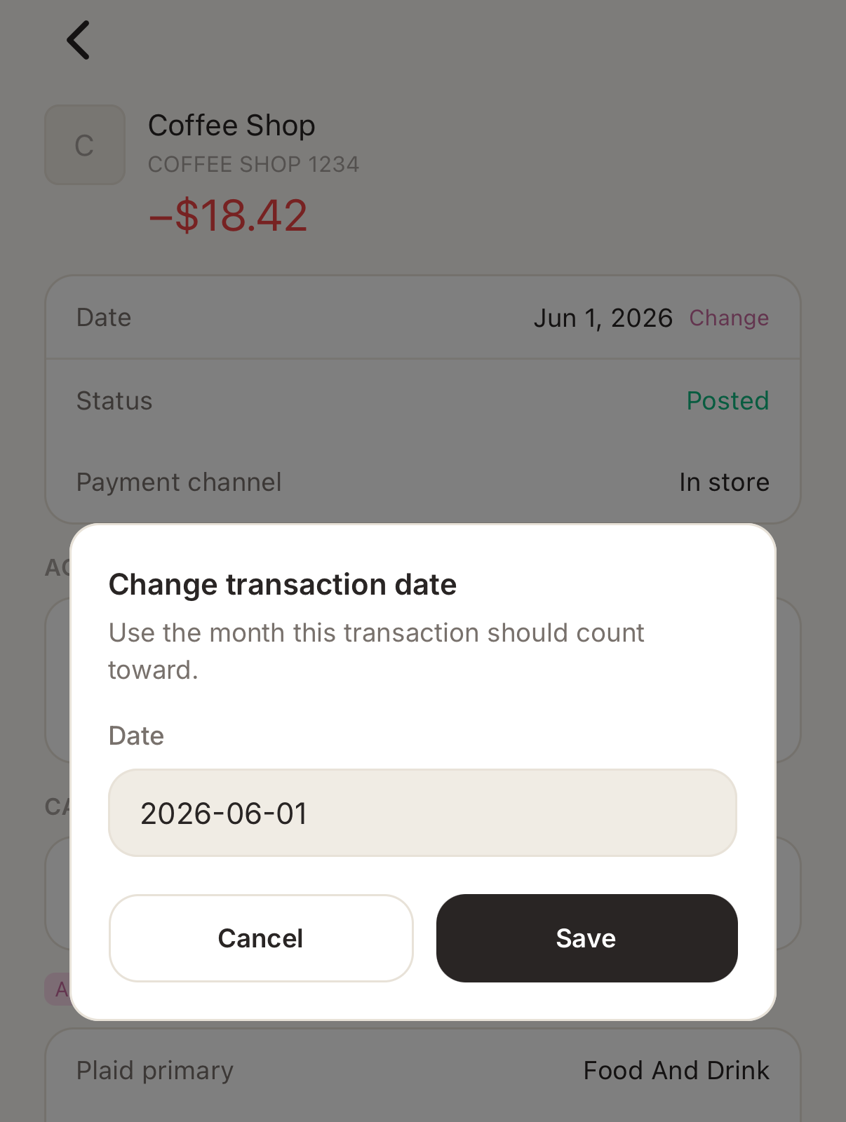Finance AI Change transaction date dialog with a YYYY-MM-DD input and Save button.