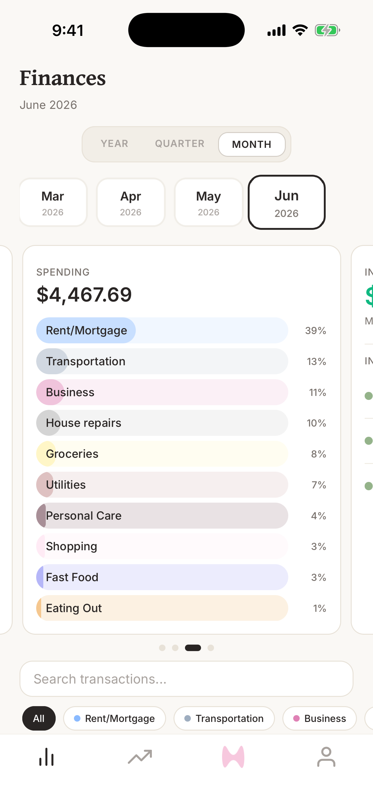Finance AI home screen showing the Spending Breakdown graph with spending grouped by category.