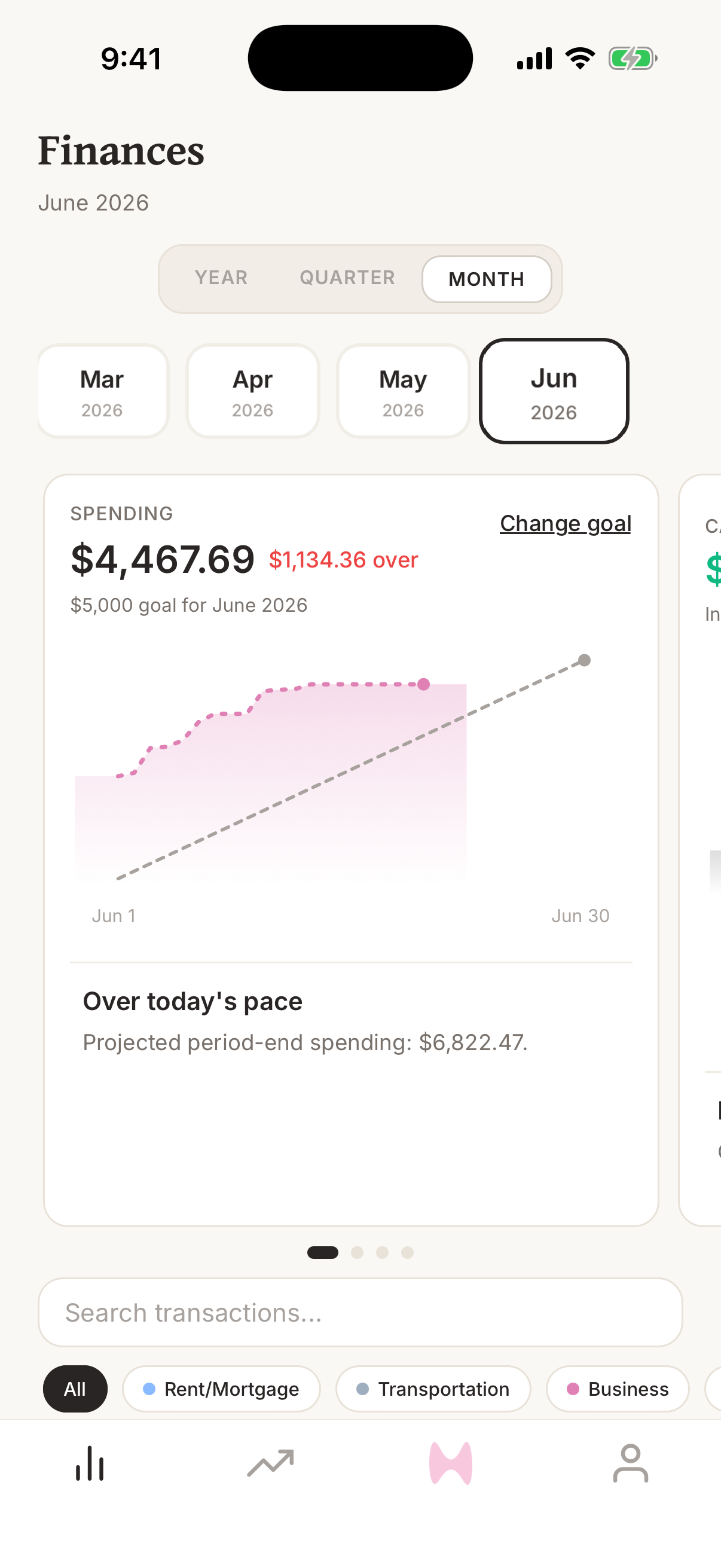 Finance AI home screen showing the Spending Goal graph with spending compared against a goal line.
